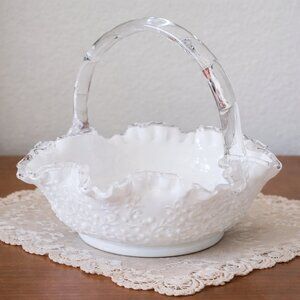 Vintage Fenton Spanish Lace White Milk Glass Silver Crest Basket Ruffled Edge